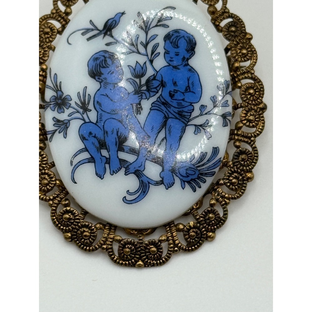Vintage West Germany Brooch Blue and White Ceramic Cherub Pin - Picture 8 of 15